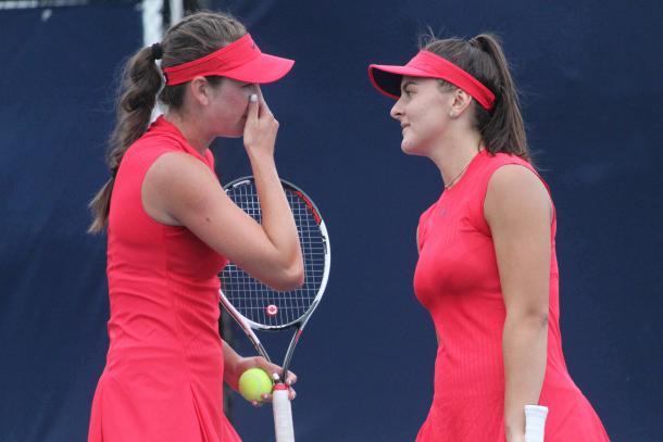 Carson Branstine (L) and Bianca Andreescu discuss strategy during their second-round doubles action at the 2017 Rogers Cup presented by National Bank. | Photo: Max Gao