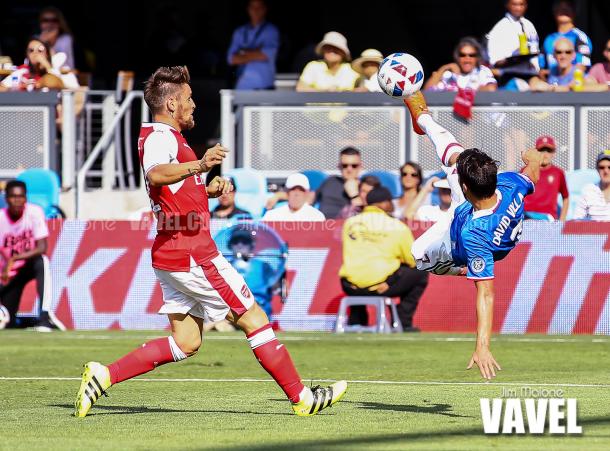 David Villa of MLS All-Stars tries a bicycle kick during the first half 