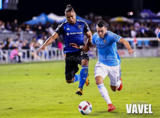 New York City FC midfielder Jack Harrison (11) and San Jose Earthquakes forward Quincy Amarikwa (25) both break on a through ball during the first half of play. / Jim Malone- VAVEL USA