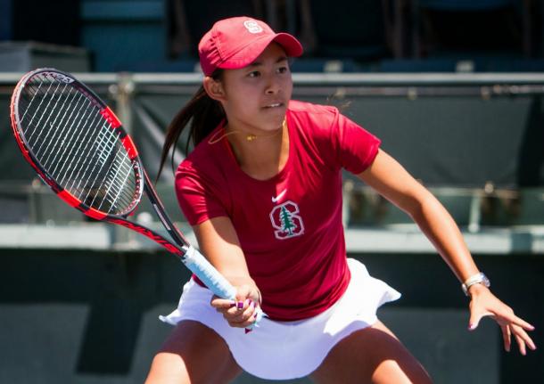 Carol Zhao in action during her freshman year of college tennis with Stanford University. | Photo: TriNguyenPhotography.com