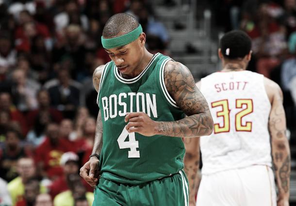 Isaiah Thomas suffered a hip injury in the regular season, then re-injured the hip in the Playoffs. Photo: Kevin C. Cox/Getty Images.