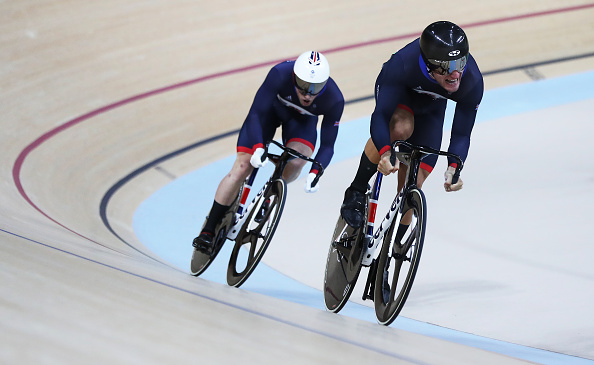 Callum Skinner leads Jason Kenny during the first race of the Men's Team Sprint final (Getty/Ian MacNicol)