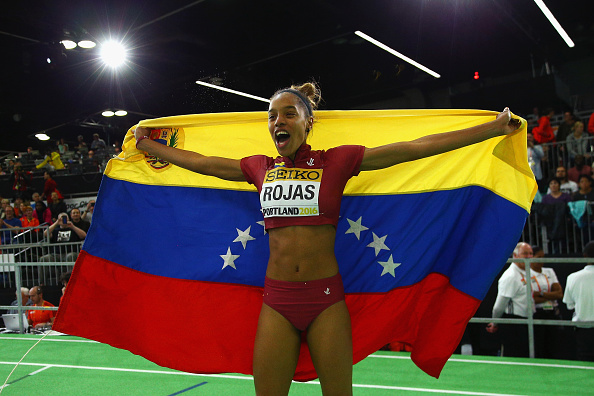 Yulimar Rojas celebrates after winning the World Indoor title earlier this year (Getty/Ian Walton)