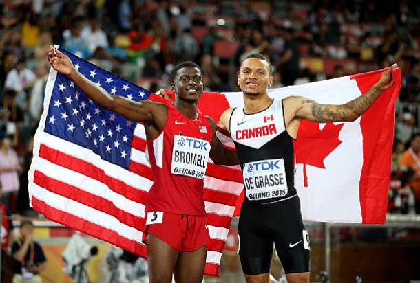 Andre De Grasse shared the bronze medal with Trayvon Bromell at the 2015 World Championships (Getty/Ian Walton)