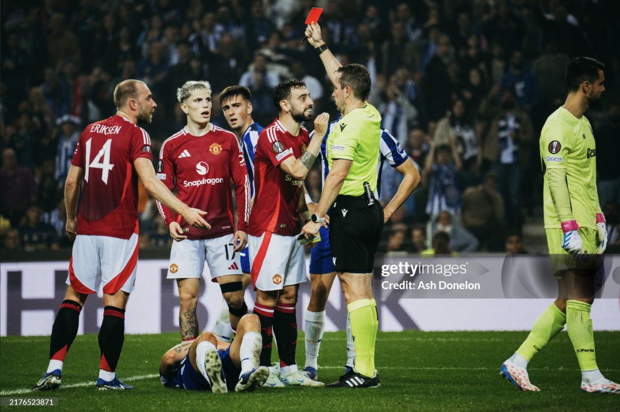 Bruno Fernandes getting sent off against FC Porto in the Europa League (Photo by Ash Donelon via Getty Images)