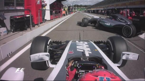 This was the moment that Hamilton's exit from the pits was deemed unsafe. (Image Credit: @F1 Twitter)