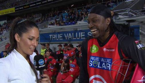 Mel McLaughlin (left) and Chris Gayle (right) | Photo: Ten Sport