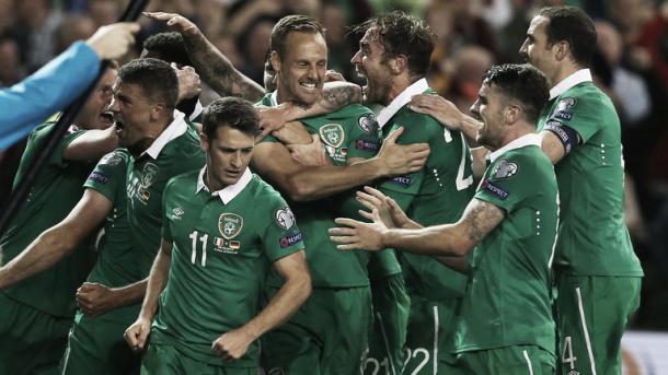 Ireland players celebrate their victory over Germany back in October (Picture from Sky Sports)