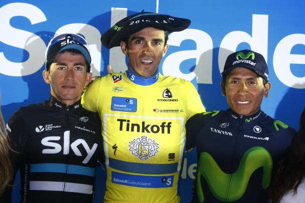 Henao, Contador y Quintana -de izquierda a derecha- en el pódium de 2016 de la Vuelta al País Vasco | Foto: Movistar Team