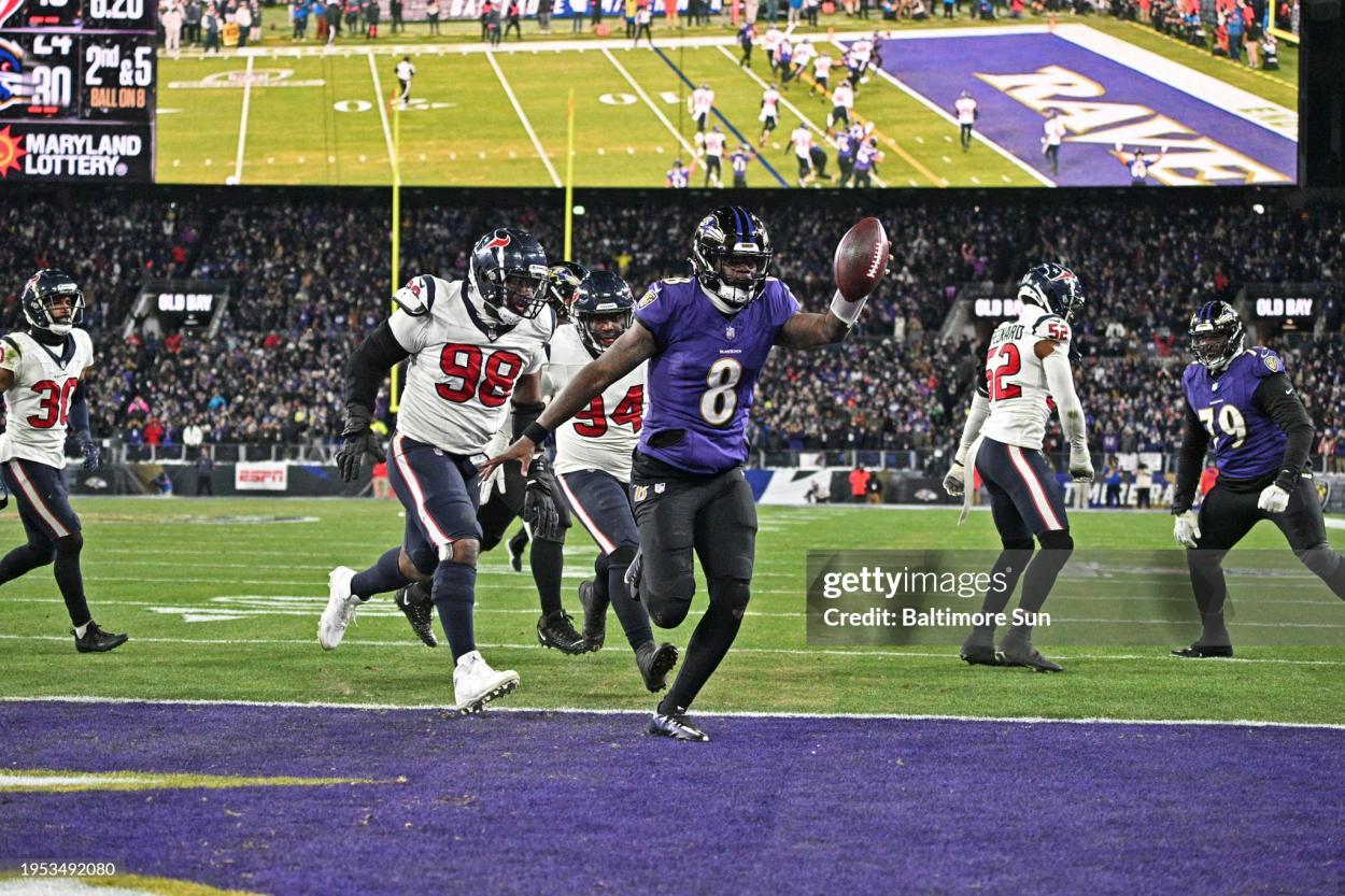 Baltimore Ravens quarterback Lamar Jackson runs for a fourth quarter touchdown to give the Ravens a 30-10 lead over the <strong><a  data-cke-saved-href='https://www.vavel.com/en-us/nfl/2024/01/17/1169003-nfl-playoff-preview-will-the-texans-continue-their-underdog-story-against-the-ravens.html' href='https://www.vavel.com/en-us/nfl/2024/01/17/1169003-nfl-playoff-preview-will-the-texans-continue-their-underdog-story-against-the-ravens.html'>Houston Texans</a></strong> in the NFL <strong><a  data-cke-saved-href='https://www.vavel.com/en-us/nfl/2024/01/15/1168763-detroit-lions-24-23-la-rams-lions-roar-to-first-playoff-in-32-years.html' href='https://www.vavel.com/en-us/nfl/2024/01/15/1168763-detroit-lions-24-23-la-rams-lions-roar-to-first-playoff-in-32-years.html'>Divisional Round</a></strong> playoff game on Saturday, Jan. 20, 2024, at M&T Bank Stadium in Baltimore. (Kenneth K. Lam/The Baltimore Sun/Tribune News Service via Getty Images)