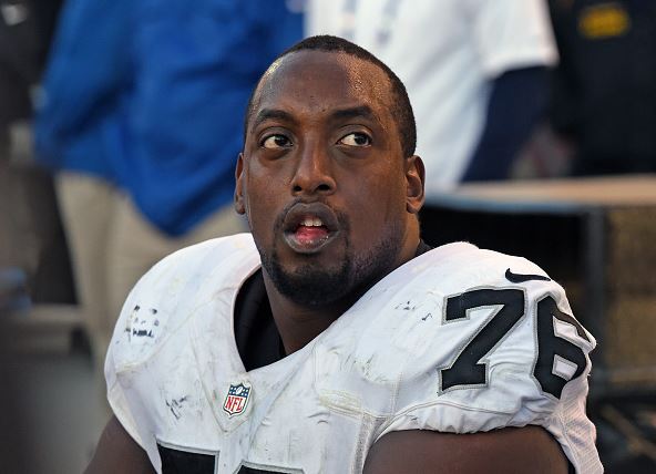 J'Marcus Webb #76 of the Oakland Raiders looks on from the sideline during a game against the Pittsburgh Steelers at Heinz Field on November 8, 2015 in Pittsburgh, Pennsylvania. The Steelers defeated the Raiders 38-35. (Photo by George Gojkovich/Getty Images