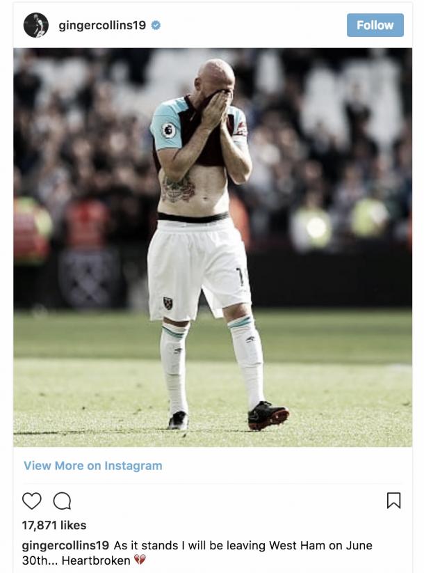 James Collins lo hace oficial. Fuente: Instagram del jugador. 