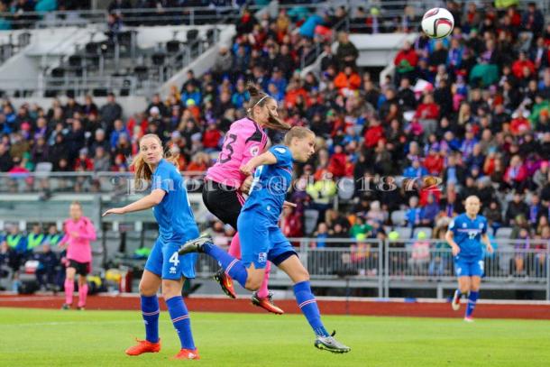 Jane Ross heads Scotland in front. Photo: Tommy Hughes