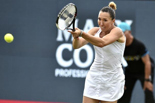 Jelena Jankovic hits a backhand during her first round win. Photo: Ricoh Open