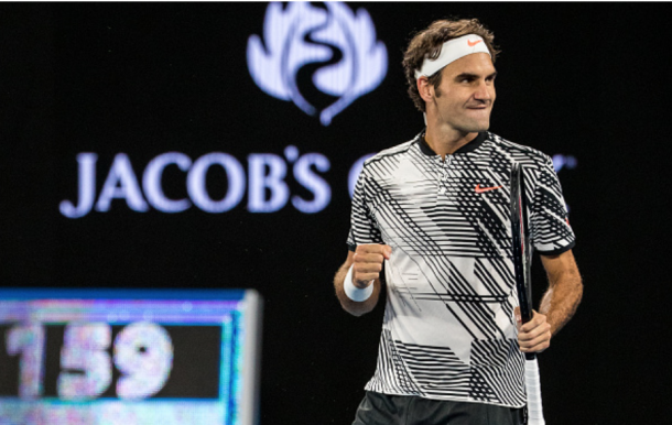 Federer fist-pumps to his box with glee after claiming victory over Berdych. Credit: Jason Heidrich/Icon Sportswire via Getty Images