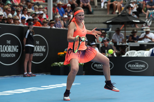 Jelena Ostapenko in action during her first tournament of the year, reaching the semifinals of the ASB Classic | Photo: Fiona Goodall/Getty Images AsiaPac