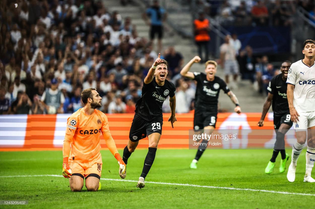Jesper Lindstrom celebrates scoring against Olympique de Marseille earlier on this season PHOTO CREDIT: Johnny Fidelin