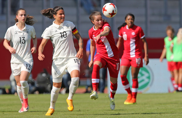Canadian midfielder Jessie Fleming attempts to control the ball in a friendly match against Germany on April 9, 2017 | Photo: Matthias Kern - Bongarts
