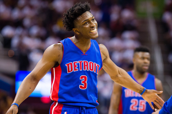 Stanley Johnson #3 of the Detroit Pistons reacts after scoring during the first half of the NBA Eastern Conference Quarterfinals against the Cleveland Cavaliers at Quicken Loans Arena on April 17, 2016 in Cleveland, Ohio. NOTE TO USER: User expressly acknowledges and agrees that, by downloading and or using this photograph, User is consenting to the terms and conditions of the Getty Images License Agreement. (April 16, 2016 - Source: Jason Miller/Getty Images North America) 