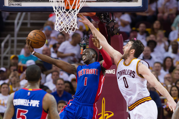 Reggie Jackson #1 of the Detroit Pistons shoots over Kevin Love #0 of the Cleveland Cavaliers during the second quarter of the NBA Eastern Conference Quarterfinals at Quicken Loans Arena on April 17, 2016 in Cleveland, Ohio. The Cavaliers defeated the Pistons 106-101. NOTE TO USER: User expressly acknowledges and agrees that, by downloading and or using this photograph, User is consenting to the terms and conditions of the Getty Images License Agreement. (April 16, 2016 - Source: Jason Miller/Getty Images North America) 