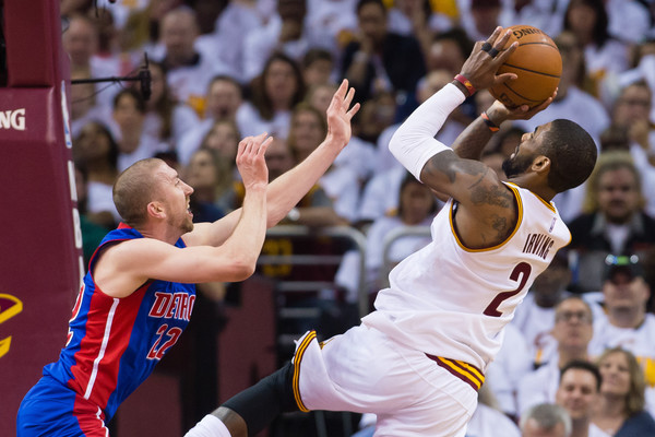 Kyrie Irving #2 of the Cleveland Cavaliers shoots over Steve Blake #22 of the Detroit Pistons during the first half of the NBA Eastern Conference Quarterfinals at Quicken Loans Arena on April 17, 2016 in Cleveland, Ohio. NOTE TO USER: User expressly acknowledges and agrees that, by downloading and or using this photograph, User is consenting to the terms and conditions of the Getty Images License Agreement. (April 16, 2016 - Source: Jason Miller/Getty Images North America) 