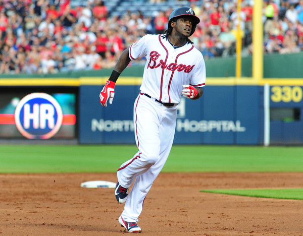 Cameron Maybin #25 of the Atlanta Braves rounds the bases after hitting a second inning solo home run against the Philadelphia Phillies at Turner Field on July 4, 2015 in Atlanta, Georgia. (July 3, 2015 - Source: Scott Cunningham/Getty Images North America) 