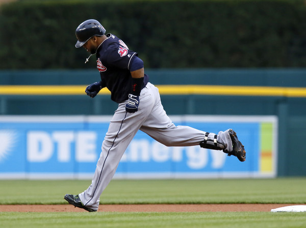 Carlos Santana #41 of the Cleveland Indians rounds the bases after hitting a home run against the Detroit Tigers during the first inning at Comerica Park on April 22, 2016 in Detroit, Michigan. The Indians defeated the Tigers 2-1. (April 21, 2016 - Source: Duane Burleson/Getty Images North America) 
