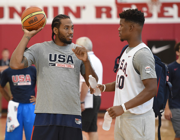 Kawhi Leonard #30 (L) and Jimmy Butler #50 of the 2015 USA Basketball Men's National Team talk during a practice session. |Aug. 10, 2015 - Source: Ethan Miller/Getty Images North America|