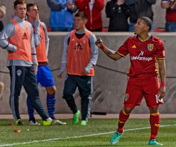 Joao Plata (in red) celebrates after scoring against the Colorado Rapids. Photo credit: Michael Mangum/The Salt Lake Tribune