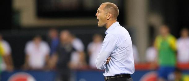 Head coach and sporting director Gregg Berhalter of Columbus Crew SC, barks instructions at his team in their 1-1 draw against the New York Red Bulls. | Photo Courtesy: Joe Malorana - USA Today Sports