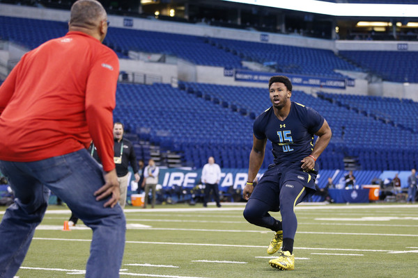 Myles Garrett works out at the Scouting Combine in Indianapolis at Lucas Oil Stadium. Photo Credit: Joe Robbins of Getty Images