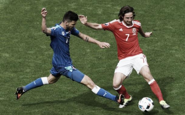 Joe Allen was the Man of the Match for Wales against Slovakia (image: empireofthekop.com)