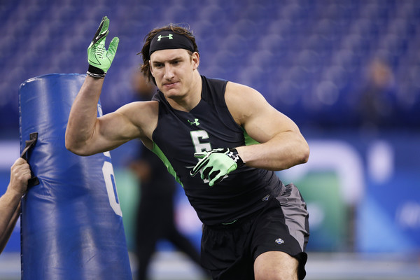 Defensive lineman Joey Bosa of Ohio State participates in a drill during the 2016 NFL Scouting Combine at Lucas Oil Stadium on February 28, 2016 in Indianapolis, Indiana. (Feb. 27, 2016 - Source: Joe Robbins/Getty Images North America)