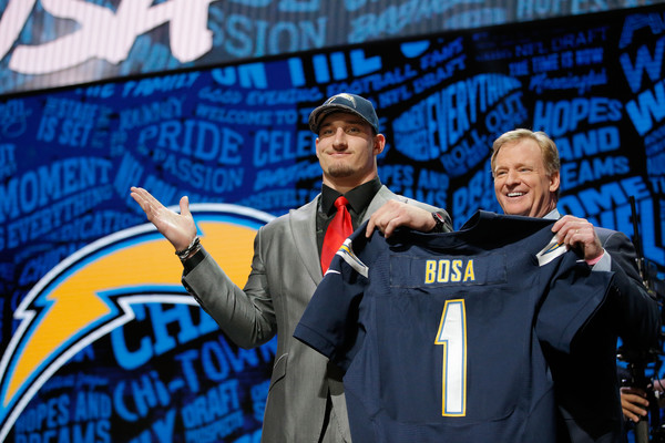 The San Diego Chargers are still waiting to see their first round draft pick, defensive end Joey Bosa in their jersey. Photo: Jon Durr/Getty Images North America  