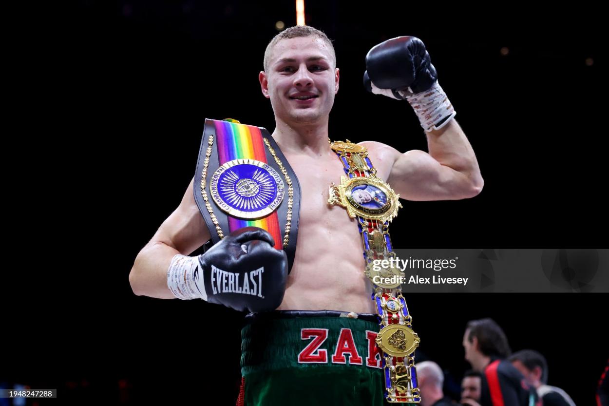 LIVERPOOL, ENGLAND - JANUARY 20: Zak Chelli celebrates with his belt after victory in the British and Commonwealth Super Middleweight Title fight between Jack Cullen and Zak Chelli at M&S Bank Arena on January 20, 2024 in Liverpool, England. (Photo by Alex Livesey/Getty Images)