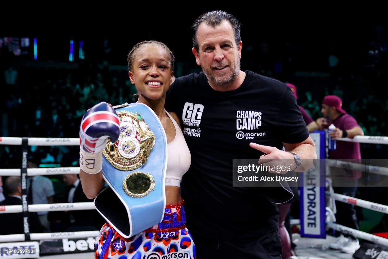 LIVERPOOL, ENGLAND - JANUARY 20: Natasha Jonas celebrates with her belt alongside trainer Joe Gallagher after victory in the IBF World Welterweight Title fight between Natasha Jonas and Mikaela Mayer at M&S Bank Arena on January 20, 2024 in Liverpool, England. (Photo by Alex Livesey/Getty Images)