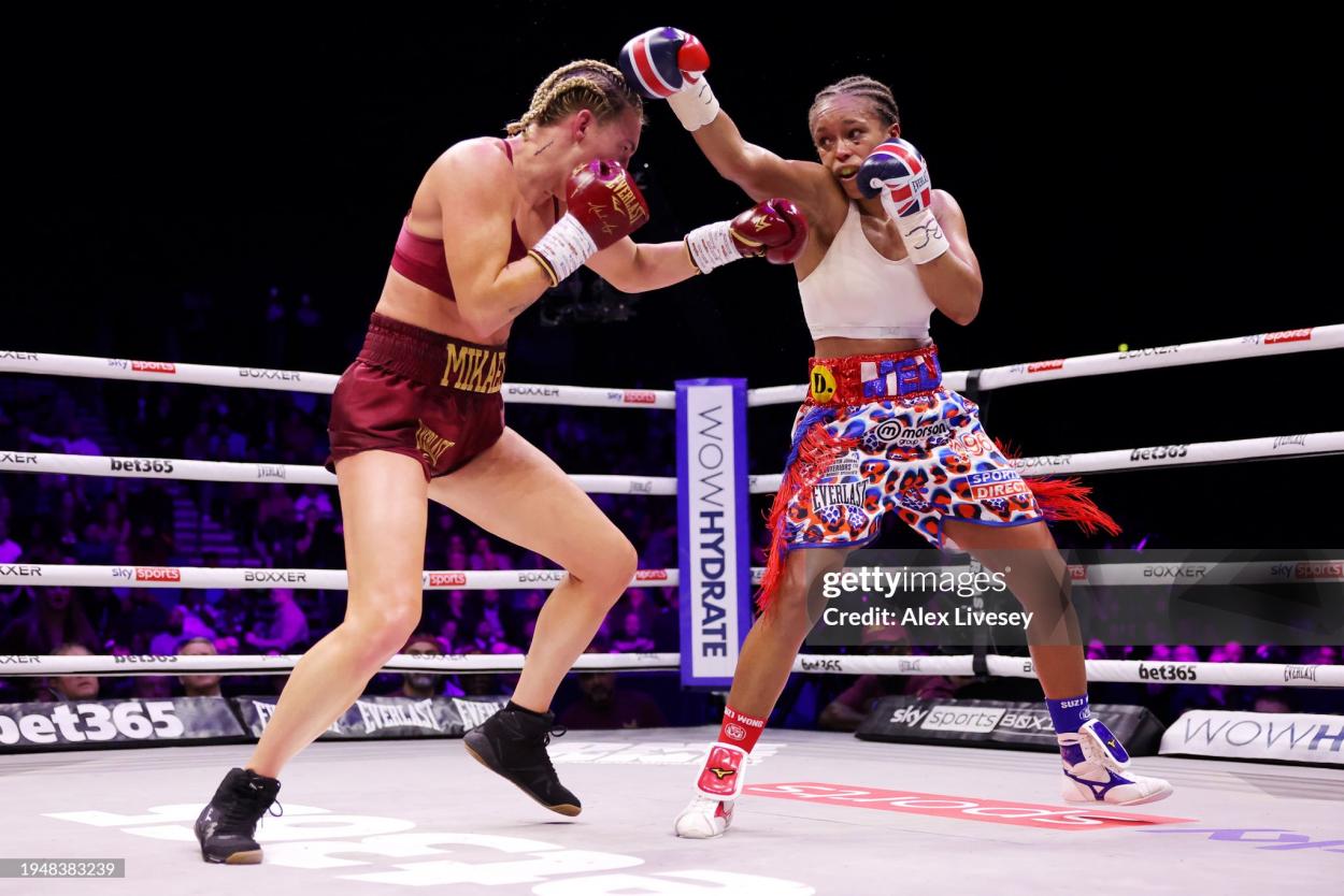 LIVERPOOL, ENGLAND - JANUARY 20: Natasha Jonas punches Mikaela Mayer during the IBF World Welterweight Title fight between Natasha Jonas and Mikaela Mayer at M&S Bank Arena on January 20, 2024 in Liverpool, England. (Photo by Alex Livesey/Getty Images)