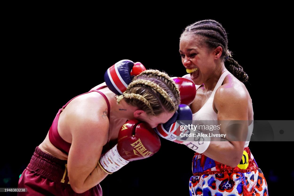 LIVERPOOL, ENGLAND - JANUARY 20: Natasha Jonas punches Mikaela Mayer during the IBF World Welterweight Title fight between Natasha Jonas and Mikaela Mayer at M&S Bank Arena on January 20, 2024 in Liverpool, England. (Photo by Alex Livesey/Getty Images)
