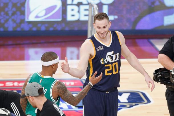 Gordon Hayward meeting up with Isaiah Thomas after a game between Hayward's former team the Utah Jazz and his new team the Boston Celtics. (Photo Credit: Jonathan Bachman of Getty Images)