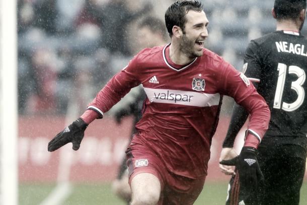 Jonathan Campbell celebrating his first career goal vs D.C. United. | Photo: Sean King / Chicago Fire Confidential