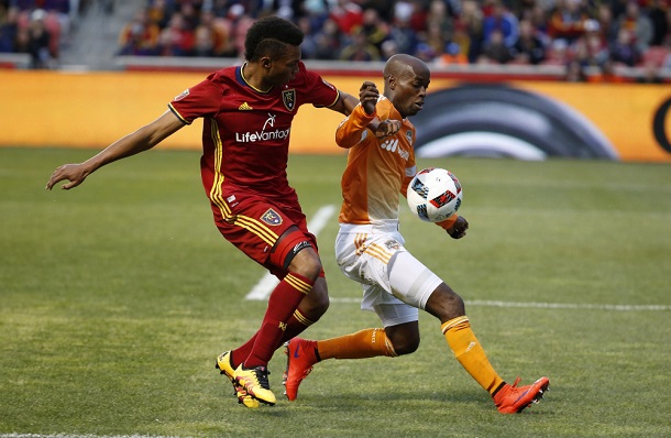 Jordan Allen and DaMarcus Beasley challenge for the ball during an April 30, 2016 match between Real Salt Lake and Houston Dynamo at Rio Tinto Stadium. | Photo: Jeff Swinger/USA Today Sports