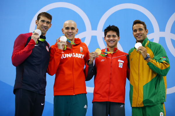 (From L to R) Michael Phelps, László Cseh, Joseph Schooling and Chad le Clos pose with their medals after the men’s 100m butterfly final on Day 7 of the Rio 2016 Olympic Games. | Photo: Clive Rose/Getty Images South America