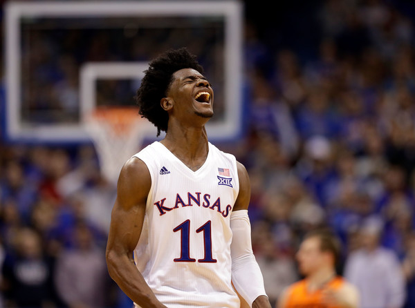 Josh Jackson #11 of the Kansas Jayhawks reacts after a foul  |Jan. 13, 2017 - Source: Jamie Squire/Getty Images North America|