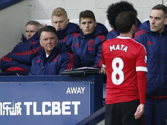 Van Gaal looks displeased with Juan Mata after his red card versus West Brom | Photo: Getty Images