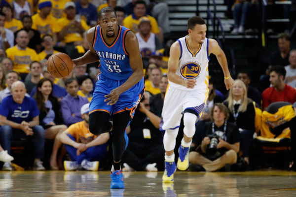 Kevin Durant brings the ball up in Game 2. Credit: Christian Petersen/Getty Images North America