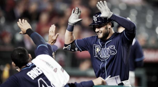 Kiermier celebrates after launching a home run against the Los Angeles Angels. (Mark J. Terrill/AP)