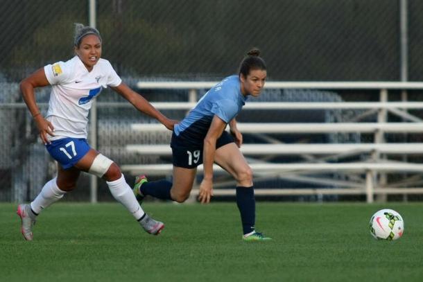 Sky Blue FC's Kelly O'Hara chasing after the ball on Friday against Boston Breakers. Photo provided by Sky Blue FC.