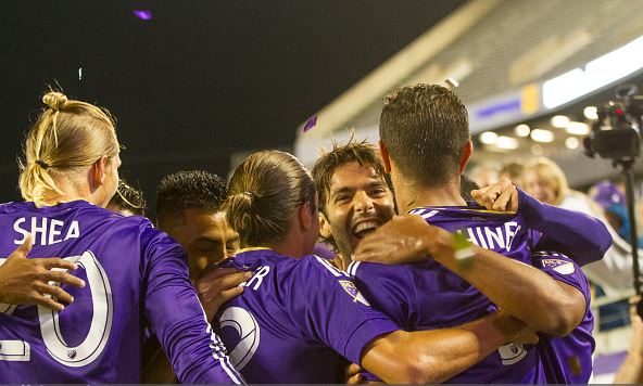 Members of Orlando City SC celebrate the first goal during a game against the Portland Timbers at the Citrus Bowl on April 3, 2016 in Orlando, Florida. (Photo by Chris McEniry/Getty Images