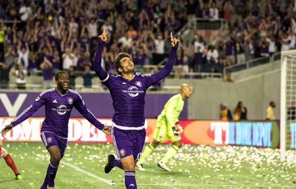 Kaka #10 of Orlando City SC celebrates a goal in the second half during a game against the Portland Timbers at the Citrus Bowl on April 3, 2016 in Orlando, Florida. (Photo by Zachary Scheffer/Getty Images)