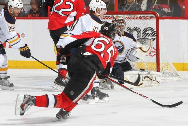 OTTAWA, CANADA - FEBRUARY 12: Erik Karlsson #65 of the Ottawa Senators scores a short-handed goal against Ryan Miller #30 of the Buffalo Sabres on February 12, 2013 at Scotiabank Place in Ottawa, Ontario, Canada. (Photo by Andre Ringuette/NHLI via Getty Images)